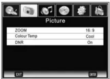 Picture ZOOM 16:9 Colour Temp Cool DNR On EXIT ENTER