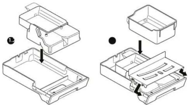 Technical diagram showing two views of a plastic housing component with arrows indicating assembly steps, labeled with number 1.2.
