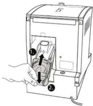Diagram of a device interior showing a hand inserting a component into a device with labeled parts 1 and 2.