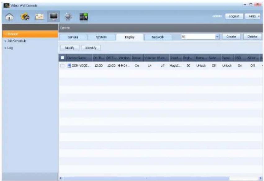 Video Wall Console General System Display Network All Create Delete Modify Identity Service Name On Tu... Off Tu... Version Rome Volume Mute Grout... Ench... Reno... Satc Finish... CSD Altie... CDM-VOOS... 12:00 12:00 NMG4... On 14 off Magic... 90 Unlock Off Unlock On Off