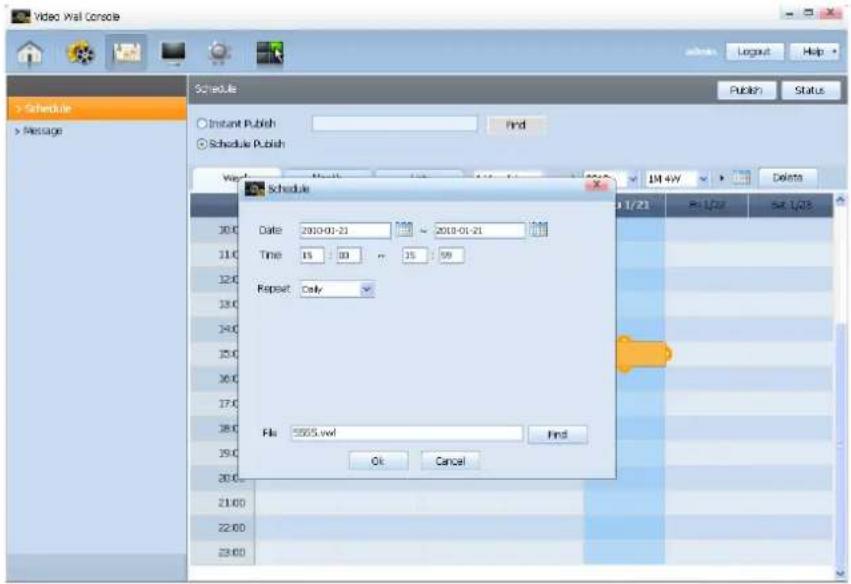 Video Wall Console Schedule Instant Publish Schedule Publish Update Update Schedule Date: 2010-01-21 Time: 15:00 Repeat: Only File: 5555.wol OK Cancel Finish 1/1/21 P=1/27 Set 1/28