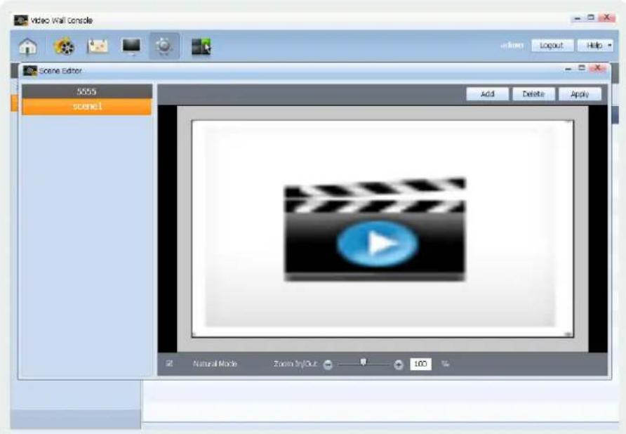 Video Wall Console Scene Editor 5655 scene1 Add Delete Apply Natural Mode Zoom Try/Out 100 %