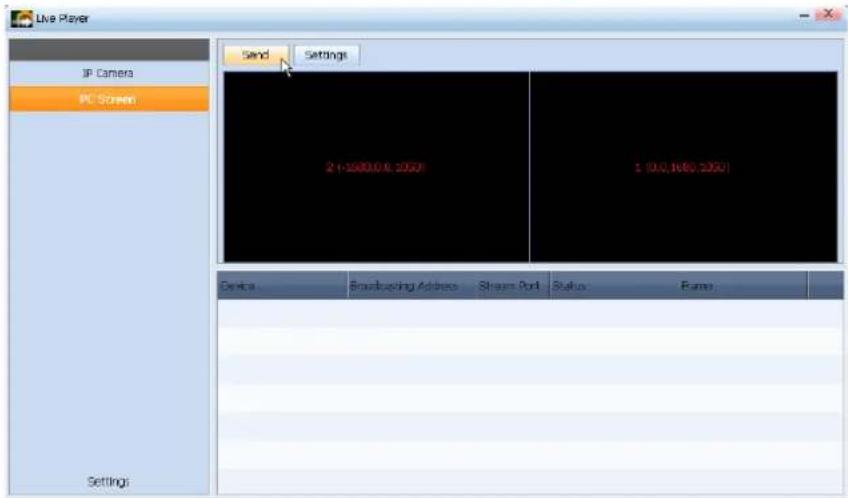 Live Player IP Camera PC Screen Send Settings 2 (-1000,0.0, 1000) 1 (0,0,168, 2000) Device Broadcasting Address Stream Port Status: Frame: Settings