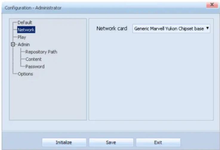 Configuration - Administrator Default Network Play Admin Repository Path Content Password Options Network card Generic Marvell Yukon Chipset base Initialize Save Exit