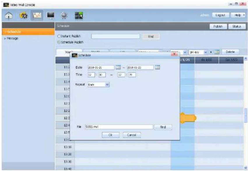 Video Wall Console Schedule Instant Publish Schedule Publish Write Date 2016-01-21 ~ 2016-01-21 Time 12:30 ~ 12:39 Repeat Daily File 55553.wk1 OK Cancel Finish Help Publish Status Delete 1/21 File 1/02 Cut 1/03