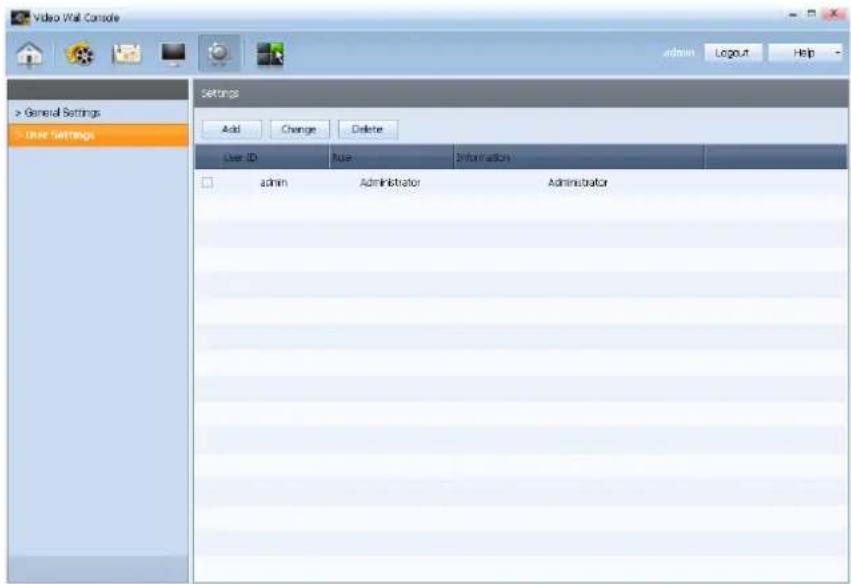 Video Wait Console admin Logout Help General Settings User Settings Add Change Delete User ID Rule Information admin Administrator Administrator