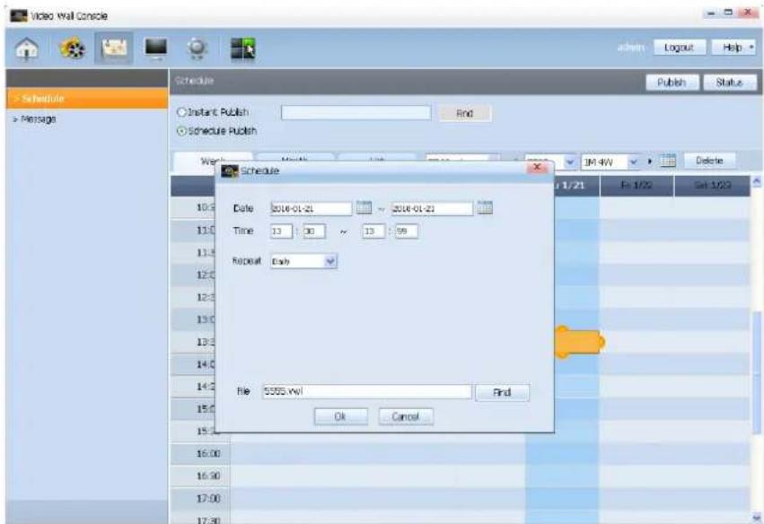 Video Wall Console Schedule ○ Instant Publish ○ Schedule Publish Write: Schedule Date: 2016-01-21 Time: 13:30 Repeat Date File: 5555 wxl OK Cancel Finish Logout Help Publish Status 1/1/21 Feb 1/22 Set 1/23
