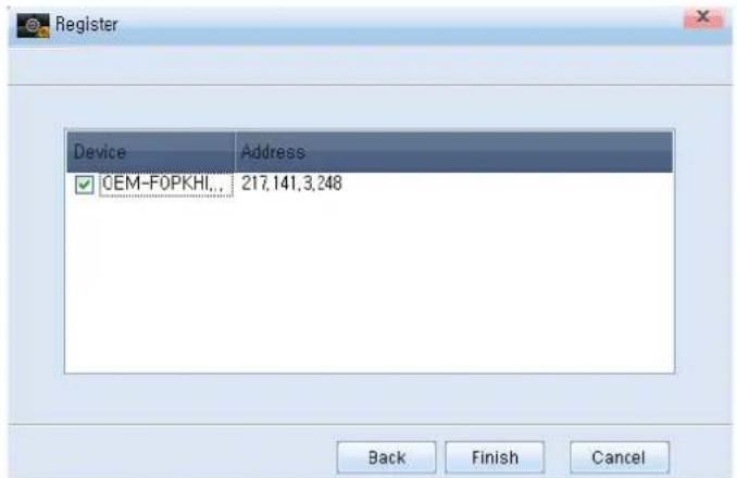 Register Device Address ✓ CEM-FOPKHI... 217,141,3,248 Back Finish Cancel