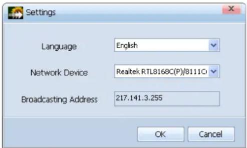 Settings Language English Network Device Realtek RTL8168C(P)/8111CI Broadcasting Address 217.141.3.255 OK Cancel