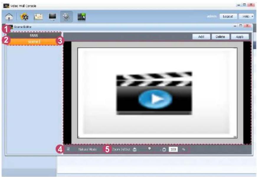 Scene Editor 5555 scene 1 Add Delete Apply Natural Mode Zoom InitOut 100