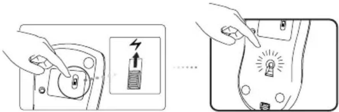 Diagram showing a hand pressing a button on a device, with an inset highlighting the battery symbol and a close-up of the switch.