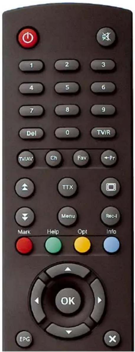1 2 3 4 5 6 7 8 9 Del 0 TV/R TV/AV Ch Fav ←Pr ↑ TTX ↓ Menu Rec-I Mark Help Opt Info OK EPG