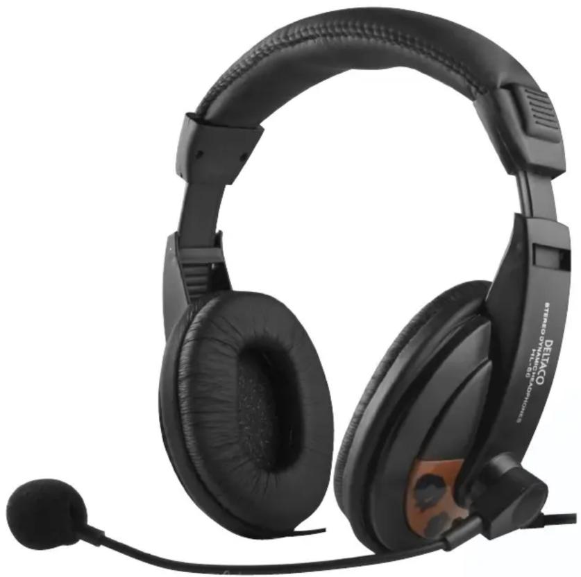 Black stereo audio headset with headband and earplifier, no visible text or symbols on the device itself
