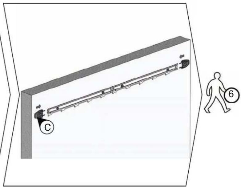 Diagram of a mechanical lifting system with labeled components and a person walking, showing motion path and component number 6.