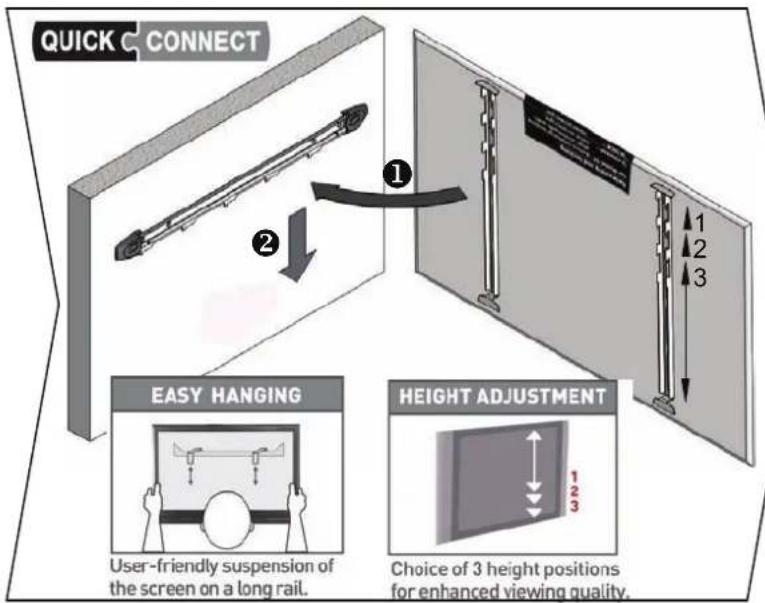 QUICK CONNECT EASY HANGING User-friendly suspension of the screen on a long rail. HEIGHT ADJUSTMENT Choice of 3 height positions for enhanced viewing quality.