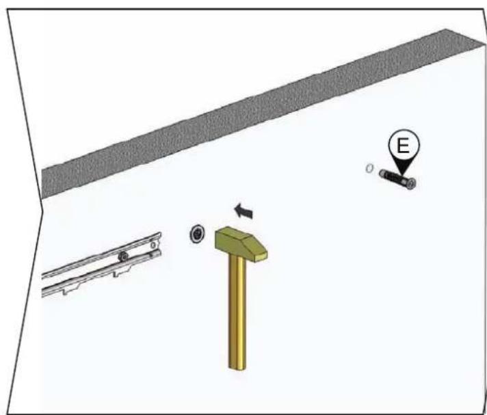 Diagram showing mechanical components and a labeled point 'E' with directional arrow and circular indicators