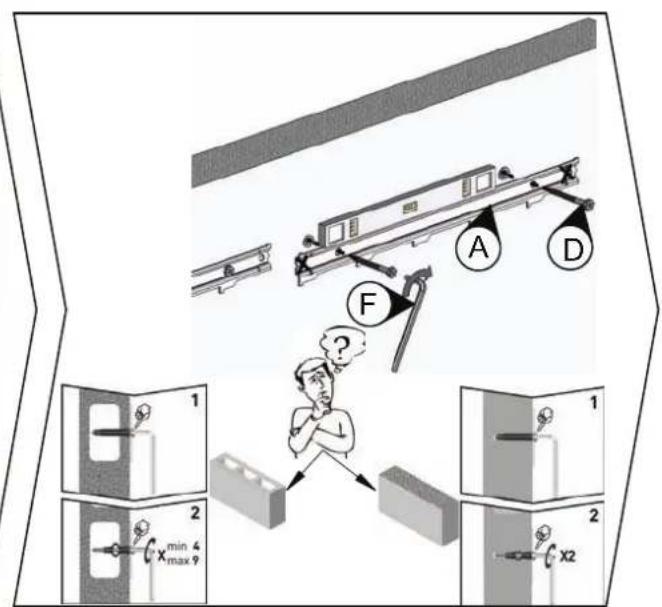 Diagram illustrating a mechanical system with labeled components (A, D, F) and zoomed-in views showing measurement ranges.