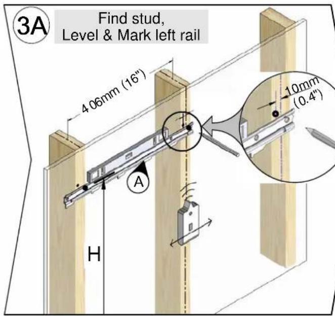3A Find stud, Level & Mark left rail 406mm (16") 10mm (0.4") A H