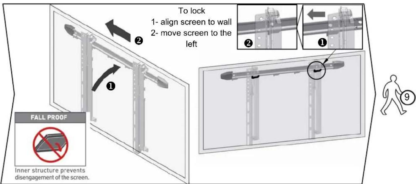 To lock 1- align screen to wall 2- move screen to the left ① ② ① FALL PROOF Inner structure prevents disengagement of the screen.