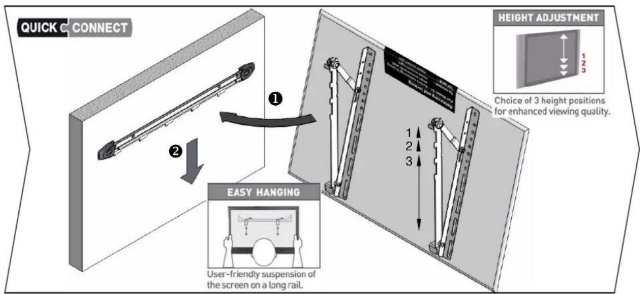 QUICK CONNECT ① ② EASY HANGING User-friendly suspension of the screen on a long rail. HEIGHT ADJUSTMENT Choice of 3 height positions for enhanced viewing quality. 1 2 3