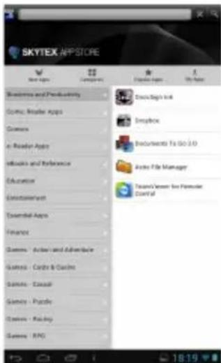 SKYTEX APP STORE New items Categories Display Items Help Items Business and Productivity Comic Reader Apps Commerce e Reader Apps Inbooks and Reference Education Executiveset Essential Apps Finance Games - Action and Adventure Games - Cards & Cards Games - Casual Games - Puzzle Games - Racing Games - RPG Discutags Intl Dropbox Instructions To Go 3.0 Arches For Manager Trains Screen for Calendar Control