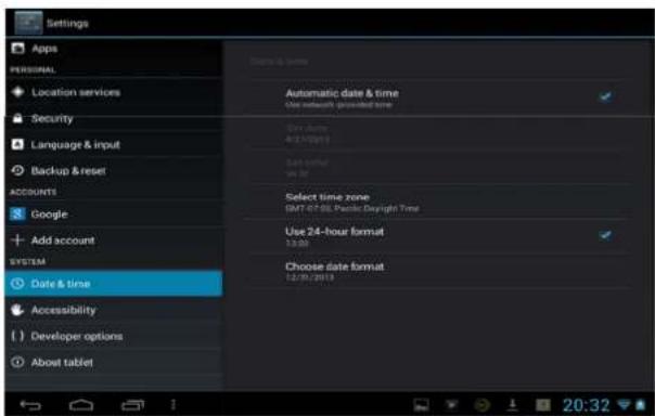 Settings Apps PERSONAL Location services Security Language & input Backup & reset ACCOUNTS Google Add account SYSTEM Date & time Accessibility Developer options About tablet Automatic date & time Use network grounded time Live date 4/2/2017 Send date you at Select time zone GMT-07-93: Pacific Copyright Time Use 24-hour format 13:30 Choose date format 12/10/2013 20:32