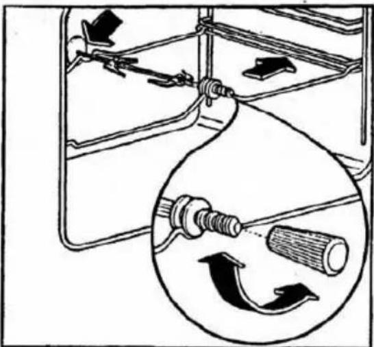 Diagram of a mechanical device with a magnified inset showing internal components and rotational flow (no text or labels)