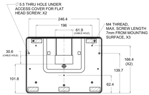 5.5 THRU HOLE UNDER ACCESS COVER FOR FLAT HEAD SCREW; X2 246.4 196 61.9 (CABLE HOLE) M4 THREAD, MAX. SCREW LENGTH 7mm FROM MOUNTING SURFACE, X3 30.6 (CABLE HOLE) 101.8 166.4 (X2) 139.7 62.4