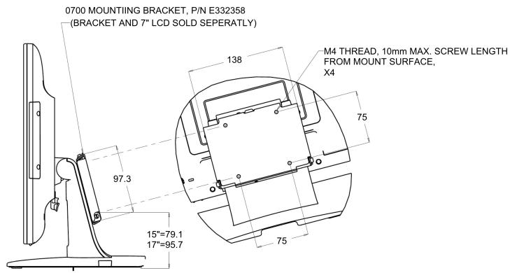 0700 MOUNTIING BRACKET, P/N E332358 (BRACKET AND 7" LCD SOLD SEPERATLY) 138 M4 THREAD, 10mm MAX. SCREW LENGTH FROM MOUNT SURFACE, X4 97.3 75 15"=79.1 17"=95.7 75