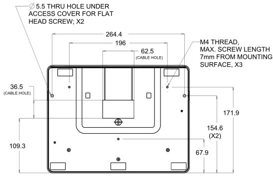 Ø 5.5 THRU HOLE UNDER ACCESS COVER FOR FLAT HEAD SCREW; X2 264.4 196 62.5 (CABLE HOLE) M4 THREAD, MAX. SCREW LENGTH 7mm FROM MOUNTING SURFACE, X3 36.5 (CABLE HOLE) 109.3 171.9 154.6 (X2) 67.9