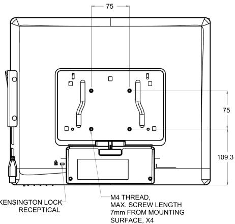75 75 109.3 KENSINGTON LOCK RECEPTICAL M4 THREAD, MAX. SCREW LENGTH 7mm FROM MOUNTING SURFACE, X4