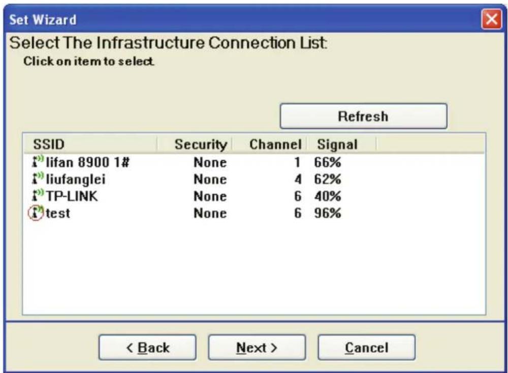 Set Wizard Select The Infrastructure Connection List: Click on item to select Refresh SSID Security Channel Signal lifan 8900 1# None 1 66% liufanglei None 4 62% TP-LINK None 6 40% test None 6 96% < Back Next > Cancel
