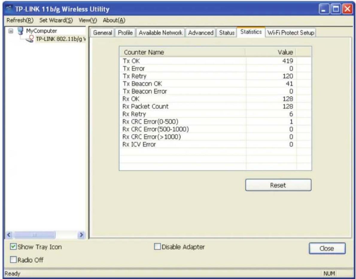 TP-LINK 11b/g Wireless Utility Refresh(R) Set Wizard(S) View(V) About(A) MyComputer TP-LINK 802.11b/g v General Profile Available Network Advanced Status Statistics Wi-Fi Protect Setup Counter Name Value Tx OK 419 Tx Error 0 Tx Retry 120 Tx Beacon OK 41 Tx Beacon Error 0 Rx OK 128 Rx Packet Count 128 Rx Retry 6 Rx CRC Error(0-500) 1 Rx CRC Error(500-1000) 0 Rx CRC Error(>1000) 0 Rx ICV Error 0 Reset Show Tray Icon Disable Adapter Close Radio Off Ready NUM
