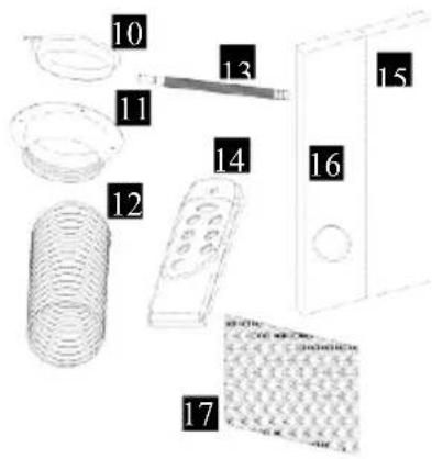 Labeled diagram of household appliances and accessories including a coiled spring, remote control, and a door panel