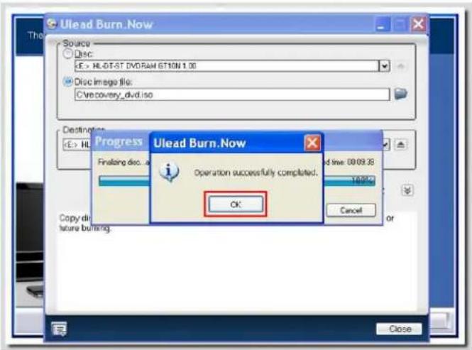 Ulead Burn.Now Source Disc: +E > HL-DT-ST DVDRAM ST10N 1.00 Disc image file: C:\recovery_dvd.iso Destination: Progress Ulead Burn.Now E > HL Finishing disc... Operation successfully completed. 100% OK Cancel Copy di future burning. Close