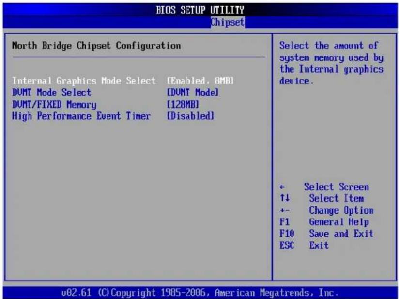 BIOS SETUP UTILITY Chipset North Bridge Chipset Configuration Internal Graphics Mode Select [Enabled, 8MB] DUMT Mode Select [DUMT Mode] DUMT/FIXED Memory [128MB] High Performance Event Timer [Disabled] Select the amount of system memory used by the Internal graphics device. + Select Screen ↑↓ Select Item +- Change Option F1 General Help F10 Save and Exit ESC Exit v02.61 (C) Copyright 1985-2006, American Megatrends, Inc.