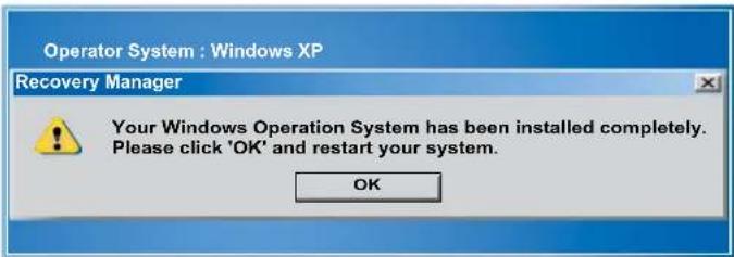 Operator System : Windows XP Recovery Manager Your Windows Operation System has been installed completely. Please click 'OK' and restart your system. OK