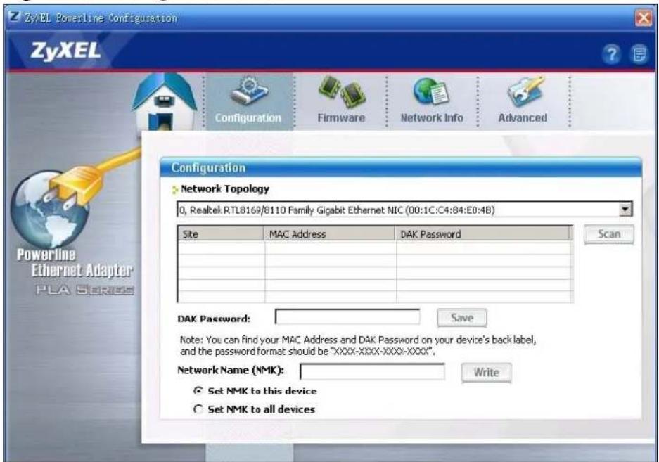ZyXEL Powerline Configuration ZyXEL Configuration Firmware Network Info Advanced Powerline Ethernet Adapter PLA SERIES Configuration Network Topology 0, Realtek RTL8169/8110 Family Gigabit Ethernet NIC (00:1C:C4:84:E0:4B) Site MAC Address DAK Password Scan DAK Password: Save Note: You can find your MAC Address and DAK Password on your device's back label, and the password format should be "XXXX-XXXX-XXXX-XXXX". Network Name (NMK): Set NMK to this device Set NMK to all devices