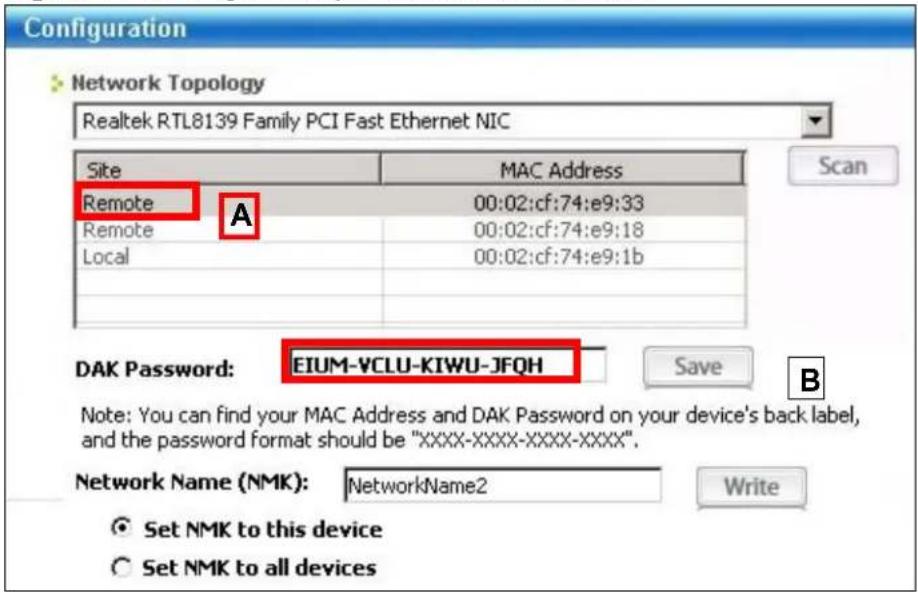 Configuration Network Topology Realtek RTL8139 Family PCI Fast Ethernet NIC Site MAC Address Remote 00:02:cf:74:e9:33 Remote 00:02:cf:74:e9:18 Local 00:02:cf:74:e9:1b DAK Password: EIUM-VCLU-KIWU-JFQH Save B Note: You can find your MAC Address and DAK Password on your device's back label, and the password format should be "XXXX-XXXX-XXXX-XXXX". Network Name (NMK): NetworkName2 Write ○ Set NMK to this device ○ Set NMK to all devices