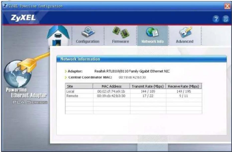 ZyXEL Powerline Configuration ZyXEL Configuration Firmware Network Info Advanced Powerline Ethernet Adapter PLA SERIES Network Information Adapter: Realtek RTL8169/8110 Family Gigabit Ethernet NIC Central Coordinator MAC: 00:19:cb:42:b3:30 Site NAC Address Transmit Rate (Mbps) Receive Rate (Mbps) Local 00:02:cf:74:e9:1b 144 / 189 149 / 195 Remote 00:19:cb:42:b3:30 17 / 22 9 / 11 NAC Address Local Remote 144 / 189 149 / 195 00:19:cb:42:b3:30 17 / 22 9 / 11 NAC Address 144 / 189 149 / 195 00:19:cb:42:b3:30 17 / 22 9 / 11 NAC Address 144 / 189 149 / 195 00:19:cb:42:b3:30 17 / 22 9 / 11 NAC Address Transmit Rate (Mbps) Rceive Rate (Mbps) Local Remote 144 / 189 149 / 195 00:19:cb:42:b3:30 17 / 22 9 / 11 NAC Address Transmit Rate (Mbps) Rceive Rate (Mbps) Local Remote 144 / 189 149 / 195 00:19:cb:42:b3:30 17 / 22 9 / 11 NAC Address Transmit Rate (Mbps) Rceive Rate (Mbps) Local Remote 144 / 189 149 /195 00:19:cb:42:b3:30 17 / 22 9 / 11 NAC Address Transmit Rate (Mbps) Rceive Rate (Mbps) Local Remote 144 / 189 149 / 195 00:19:cb:42:b3:30 17 / 22 9 / 11