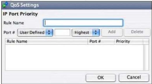 QoS Settings IP Port Priority Rule Name Port # User Defined Highest Add Delete Rule Name Port # Priority OK Cancel