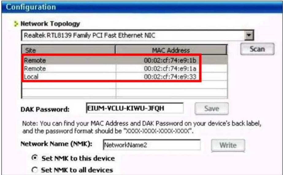 Configuration Network Topology Realtek RTL8139 Family PCI Fast Ethernet NIC Site MAC Address Remote 00:02:cf:74:e9:1b Remote 00:02:cf:74:e9:1a Local 00:02:cf:74:e9:33 DAK Password: EIUM-VCLU-KIWU-JFQH Save Note: You can find your MAC Address and DAK Password on your device's back label, and the password format should be "XXXX-XXXX-XXXX-XXXX". Network Name (NMK): NetworkName2 Write ○ Set NMK to this device ○ Set NMK to all devices