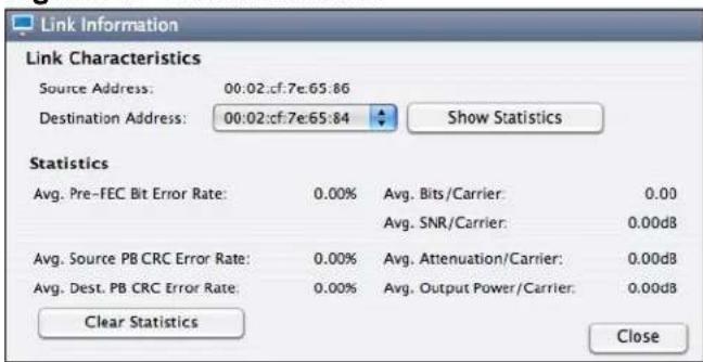 Link Information Link Characteristics Source Address: 00:02:cf:7e:65.86 Destination Address: 00:02:cf:7e:65.84 Show Statistics Statistics Avg. Pre-FEC Bit Error Rate: 0.00% Avg. Bits/Carrier: 0.00 Avg. Source PB CRC Error Rate: 0.00% Avg. Attenuation/Carrier: 0.00dB Avg. Dest. PB CRC Error Rate: 0.00% Avg. Output Power/Carrier: 0.00dB Clear Statistics Close