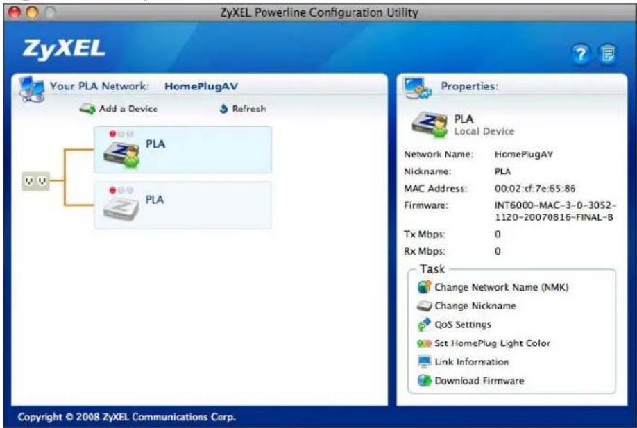 ZyXEL Powerline Configuration Utility ZyXEL Your PLA Network: HomePlugAV Add a Device Refresh PLA PLA Properties: PLA Local Device Network Name: HomePlugAY Nickname: PLA MAC Address: 00:02:cf:7e:65:86 Firmware: INT6000-MAC-3-0-3052- 1120-20070816-FINAL-B Tx Mbps: 0 Rx Mbps: 0 Task Change Network Name (NMK) Change Nickname QoS Settings Set HomePlug Light Color Link Information Download Firmware Copyright © 2008 ZyXEL Communications Corp.