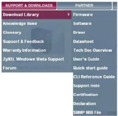 SUPPORT & DOWNLOADS PARTNER Download Library Knowledge Base Glossary Support & Feedback Warranty Information ZyXEL Windows Vista Support Forum Firmware Software Driver Datasheet Tech Doc Overview User's Guide Quick start guide CLI Reference Guide Support note Certification Declaration SNMP MIB File