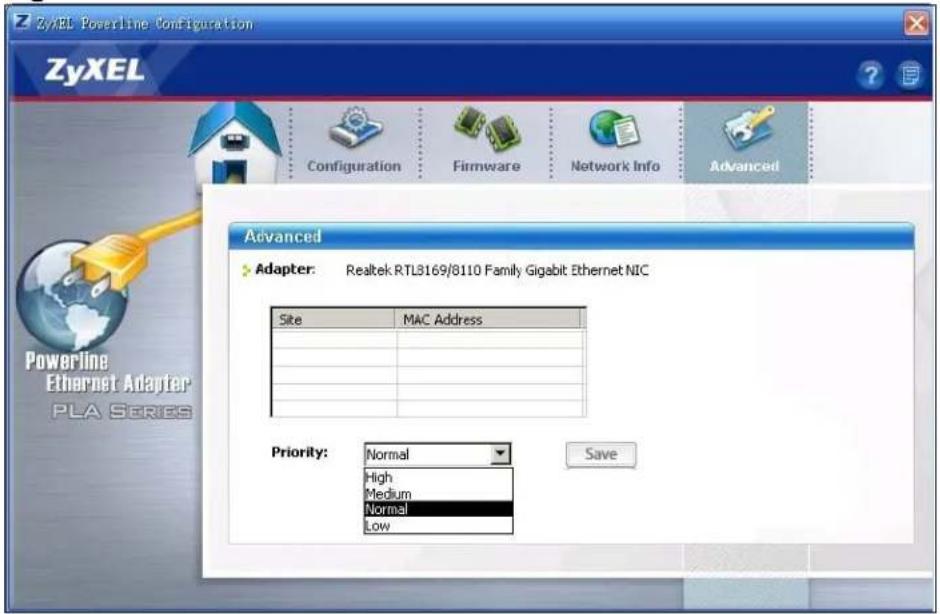 ZyXEL Powerline Configuration ZyXEL Configuration Firmware Network Info Advanced Advanced Adapter: Realtek RTL8169/8110 Family Gigabit Ethernet NIC Site MAC Address Priority: Normal High Medium Normal Low Save Powerline Ethernet Adapter PLA SERIES