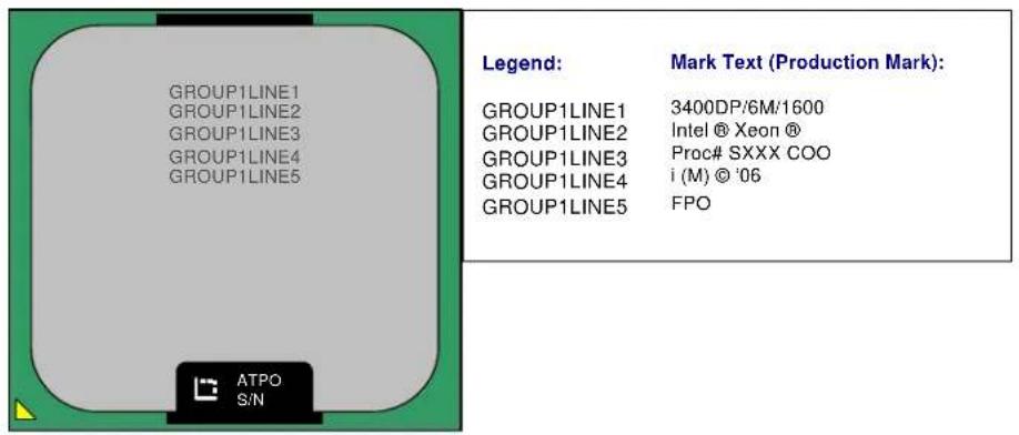 GROUP1LINE1 GROUP1LINE2 GROUP1LINE3 GROUP1LINE4 GROUP1LINE5 ATPO S/N Legend: Mark Text (Production Mark): GROUP1LINE1 3400DP/6M/1600 GROUP1LINE2 Intel ® Xeon ® GROUP1LINE3 Proc# SXXX COO GROUP1LINE4 i (M) © '06 GROUP1LINE5 FPO