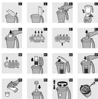 Illustrated sequence of a food preparation step showing steps from mixing to cleaning with numbered instructions.