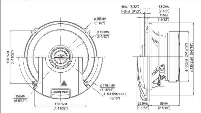 φ165MM (6-1/2") φ153MM (6-1/32") φ176.4MM (6-15/16") 4-φ4.5MM HOLE (3/16") 110.3MM (4-11/32") 156MM (6-5/32") ALPINE 4MM (5/32") 6.6MM (9/32") 63.2MM (2-1/2") 15MM (19/32") φ100MM (3-15/16") (5-5/16") φ135.2MM (1-1/32") 25.9MM (2-5/16") 59MM