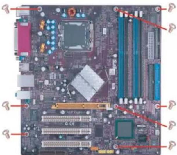 Labeled diagram of a computer motherboard showing CPU socket, RAM slots, and motherboard components with red annotations pointing to specific areas.